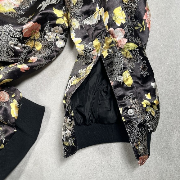 Free People Black w/Gold Peach Yellow Floral Fully-Lined Bomber Jacket Women XS - Picture 6 of 11